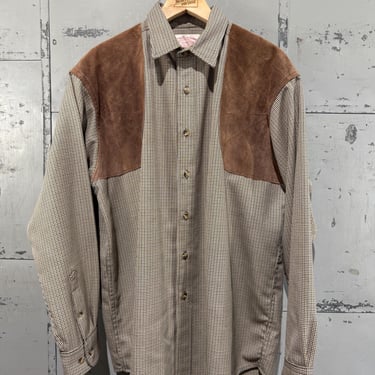 Vintage 90s Wool Filson houndstooth shooting shirt leather shoulder  Wool shirt 1990s L Hunting shirt 