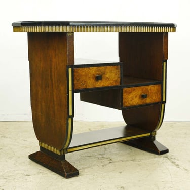 1930s Art Deco Burled Maple & Brass Console Table