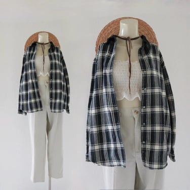 plaid button top - l - vintage 90s y2k womens size large long sleeve  cotton black white fall 