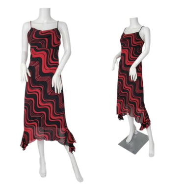 Uneven Hem 1990's Black Red Swirl Pattern Bias Cut Slip Dress I Sz Med I La Belle 