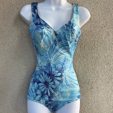 vintage Wounded Bird one piece swimsuit tropical floral blues print with front skirt by Sirena sz 10/8 