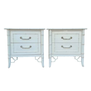 Set of 2 Faux Bamboo Nightstands by Thomasville Allegro FREE SHIPPING Vintage White Fretwork Hollywood Regency Coastal Style End Tables 