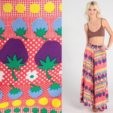 70s PALAZZO Pants Fruit Print Bohemian Wide Leg Pants PSYCHEDELIC Hippie Trousers Floral Polka Dot High Waisted Boho Red 60s Small xs 