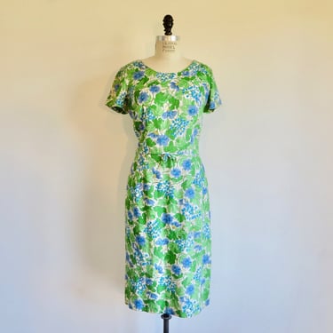 1960's Blue Green Floral Cotton Linen Day Wiggle Dress Sheath Style Short Sleeves Rhinestones Spring Summer Dresses Best and Co. 32