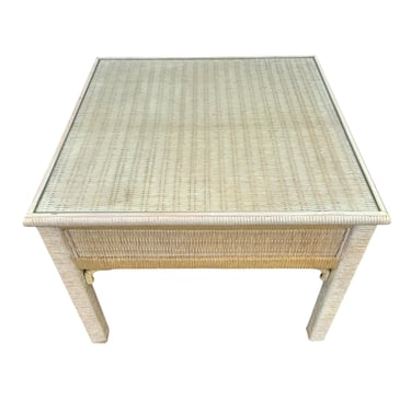 Rattan End Table by Henry Link Wicker 27x27 with Glass Top - Vintage Sqaure Coastal Boho Chic Hollywood Regency Bamboo Style Furniture 