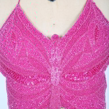 Pink Beaded Butterfly Halter Top 80s 90s Y2K Streetwear Summer Party Rave Festival Coachella Concert 
