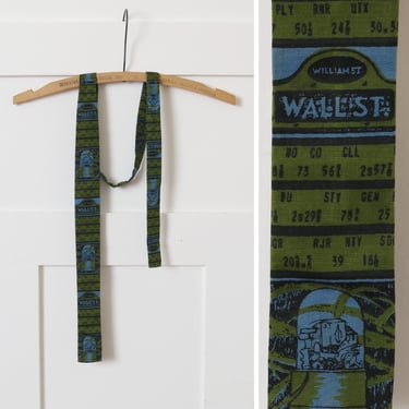 mens vintage 1960s mod skinny square tie • blue & green Wall Street novelty print cotton necktie 