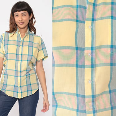 Yellow Plaid Shirt 80s Blue Checkered Button Up Shirt Retro Preppy Short Sleeve Collared Top Check Print Vintage 1980s Small S 