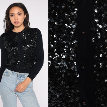 60s Sequin Cardigan Sparkly Black Button Up Knit Sweater Cropped Fitted Cardigan Formal Glam Beaded Knitwear Vintage 1960s Extra Small xs 