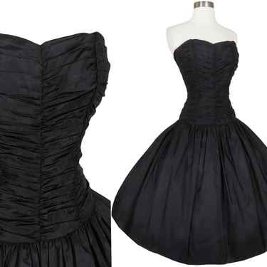 Vintage Black Strapless Taffeta Smocked Shirred Back Full Skirt Prom Party 80s 50s Dress XS Extra Small Holiday Formal Dance Queen 