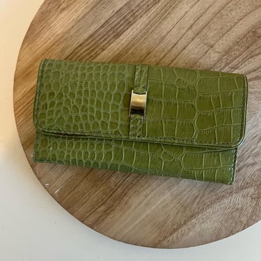 Nine West Vintage 90s Green Snake Print Leather Long Wallet 