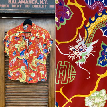 Vintage 1940’s “Kamehameha” Dragon Asian Rayon Hawaiian Shirt Top Blouse, Original, 40’s Vintage Clothing 