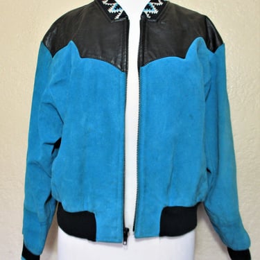 Vintage 1980s Pioneer Wear Leather & Suede Bomber Jacket, Medium Women, turquoise suede black leather 