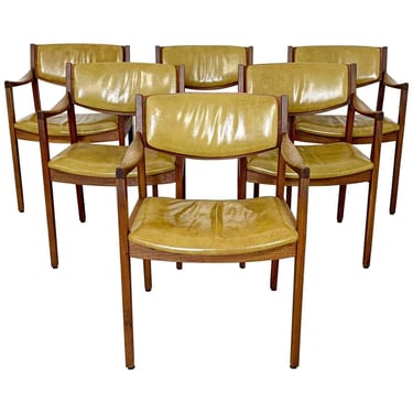 Mid Century Modern Gunlocke Set of 6 Walnut Vinyl Dining Chairs 1970s Risom Era 