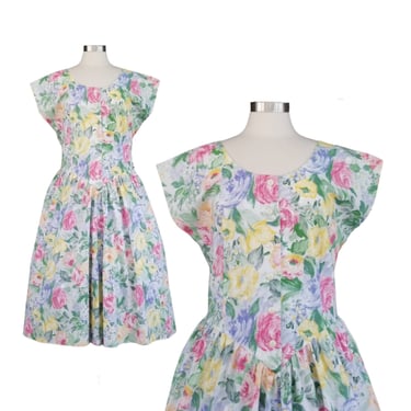 Vintage Pastel Floral Dress, Extra Large / 80s Cotton Dress with Pockets / Drop Waist Party Dress / Plus Size Sleeveless Midi Summer Dress 