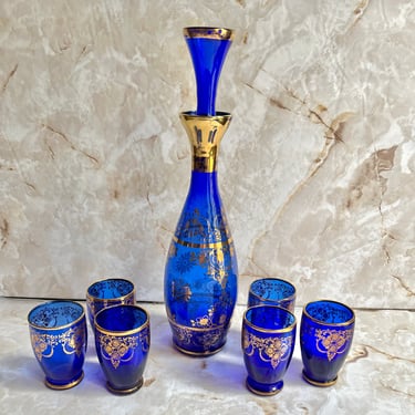 Venetian Glass Cobalt Blue Glass Decanter and Glasses, Set 6, Carafe, Bottle, Mid Century Vintage 