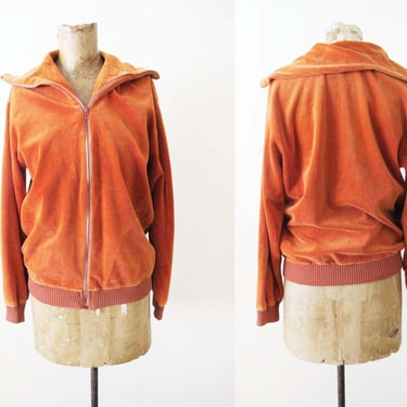 Vintage 70s Velour Zip Up Track Jacket Pumpkin Orange S M - 1970s Athletic Clothing 