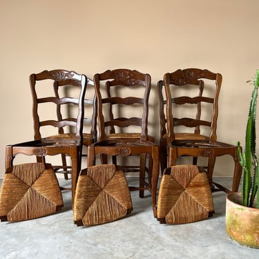 Antique Country French Louis XV - Style Oak Ladder Back Rush Dining Chairs- Set of 6 