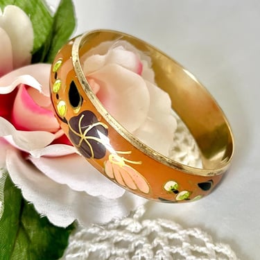 Enamel Bangle Bracelet, Butterflies Floral Bracelet, Cloisonne, Guilloche, Vintage Statement Jewelry, Vintage 70s 80s 