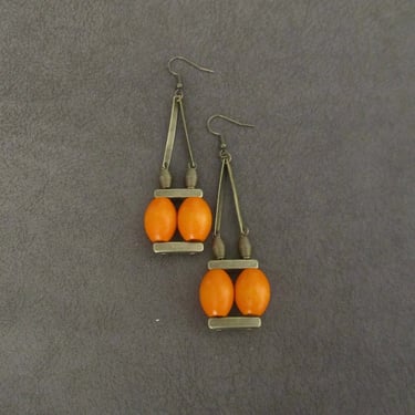 Geometric wooden earrings, bronze dangle earrings, Afrocentric jewelry, African earrings, orange earrings, mid century modern earrings 9 
