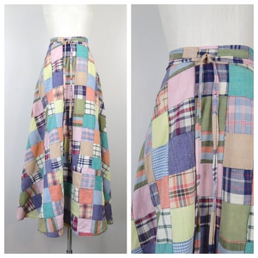 Vintage 1970s patchwork maxi skirt wrap quilt madras plaid boho hippie hippy prairie 