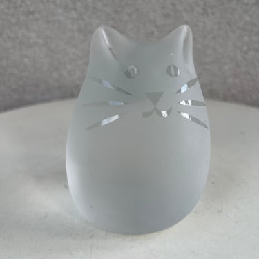Vintage frosted glass cat paperweight signed JK 6/92 