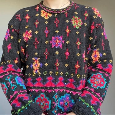 Vintage 90s Casual Corner Limited Edition Hand Knit Multicolor Beaded Abstract Crewneck Sweater L 