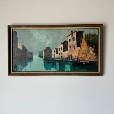 Large Vintage Marcello Classic Grand Canal Venice Landscape Oil Painting, Framed 