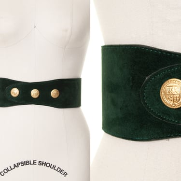 Vintage 1980s Cinch Belt | 80s Suede Dark Forest Green Coat of Arms Button Snaps Adjustable High Waisted Wide Belt (small/medium) 