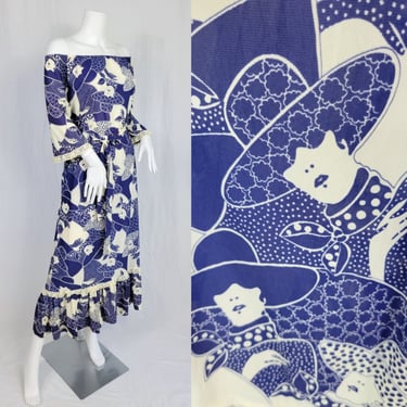 1970's Blue White Lady Face Novelty Print Nylon Muumuu Prairie Dress I Sz Lrg 