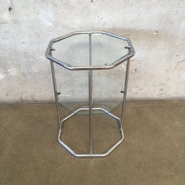 Vintage Chrome & Glass Octagonal Tiered Shelf Side Table