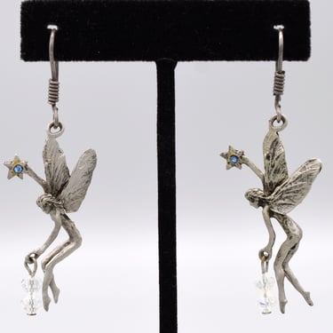 70's pewter AB crystal rhinestone fairy sprite dangles, handcrafted lantern & star wood nymph earrings 