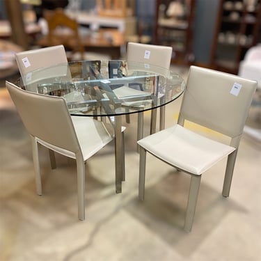 Modern Dining Set with Glass Top Table and 4 Beige Chairs