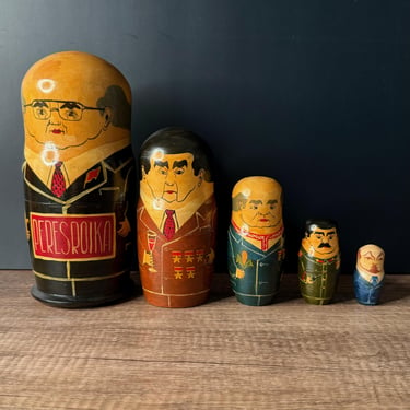 Vintage Set of 5 Nesting Dolls of Russian Leaders and Soviet Figures, Hand-Painted Collectible 