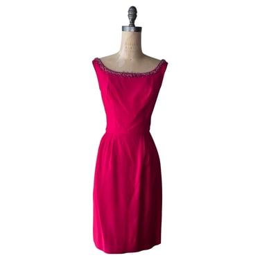 1960s hot pink wiggle dress with beaded collar 