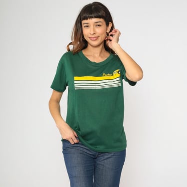 Vintage 80s Green Bay Packers T-Shirt Green Striped Graphic Short Sleeve Crew Neck NFL Football Tee Garan USA 1980s Medium Large 