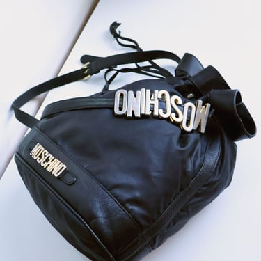 Vintage MOSCHINO 1990s Black Nylon + Leather Bucket Bag with Gold Logo Charm Strap Crossbody Monogram 90s 