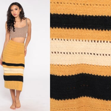 70s Midi Skirt Striped Yellow Knit Skirt Long Crochet Skirt Hippie High Waist OPEN WEAVE Knit Boho Skirt 1970s Bohemian Vintage Small Medium 