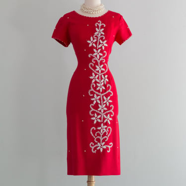 Sexy 1950's Cherry Red Beaded Linen Wiggle Dress / Medium