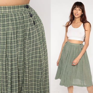 Green Plaid Skirt 70s Knee Length School Girl Skirt Pleated Tartan High Waisted Midi Preppy Wool Blend Grey Checkered Vintage 1970s Small 26 