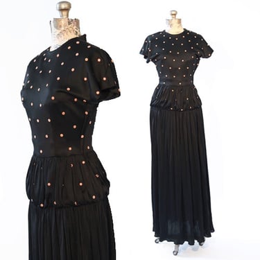 Antique Vintage 1940s black floral studded gown 