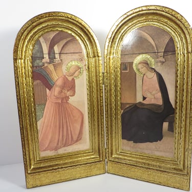 Vintage Florentine Religious Bi Fold Two Side Arch Diptych Orthodox Icon 