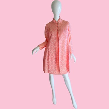 60s Brocade Pink Rhinestone Dress / Vintage Wedding Dress Coat Set / 1960s Mod Swing Party Dress Suit Large 