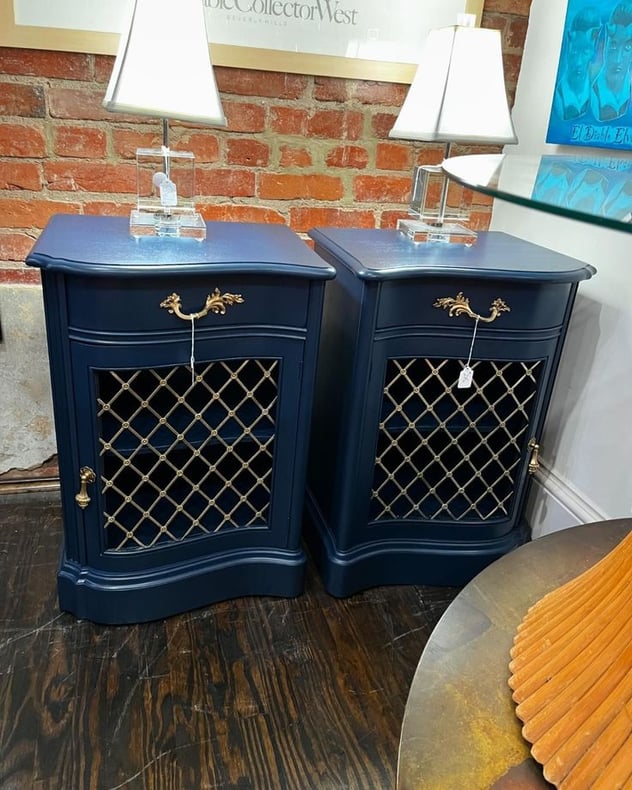 A pair of exceedingly beautiful blue painted Hollywood regency style nightstands. 15” x 19.5” x 28.5” 