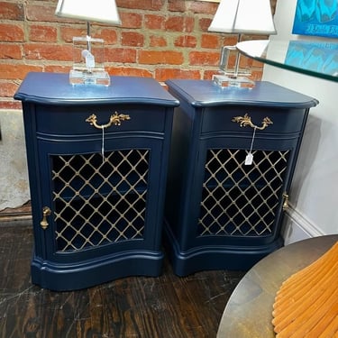 A pair of exceedingly beautiful blue painted Hollywood regency style nightstands. 15” x 19.5” x 28.5” 