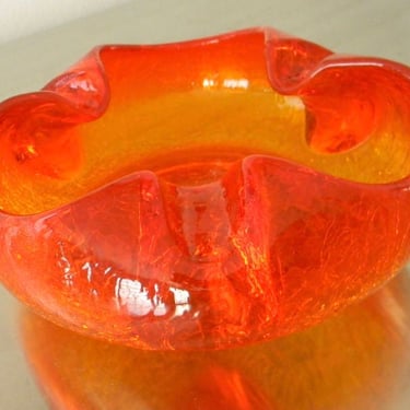 Vintage Viking Crackle Glass Viking Flame Colored Crackle Glass Cigar Ashtray, Mid Century American Glassware, Orange and Yellow Key Bowl 