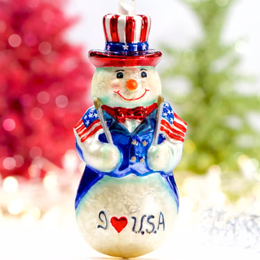 VINTAGE: 7.5" Large Frosted Snowman Glass Ornament - "I Love USA" - Blown Figural Glass Ornament - Mercury Ornament - SKU 