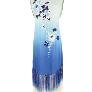 Blue Floral Embroidered Fringed Silk Dress