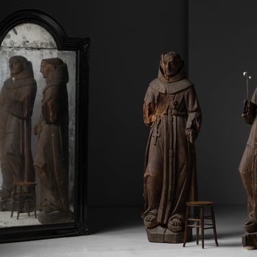 Ebonised Mirror / Carved Wood Monks (7ft tall)