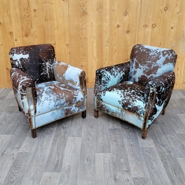 French Art Deco His & Hers Club Chairs Newly Upholstered in Baby-Blue & Black Brazilian Cowhide with Nail-Head Trim - Set of 2